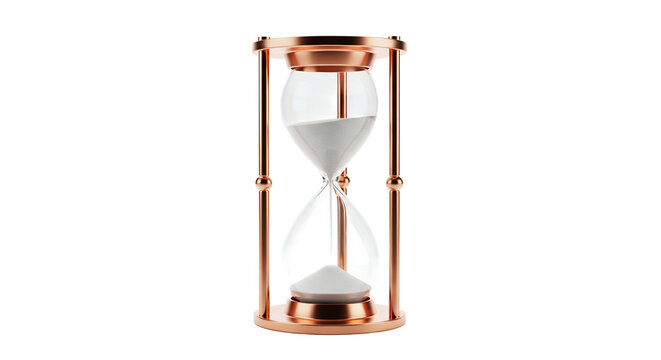 Elegant Sand Timer with Flowing White Grains Symbolizing Time Passing, Deadlines, Urgency, and Measurement, Isolated on a Clean White Background for Conceptual Themes