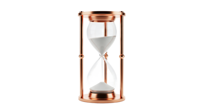 Elegant Sand Timer with Flowing White Grains Symbolizing Time Passing, Deadlines, Urgency, and Measurement, Isolated on a Clean White Background for Conceptual Themes