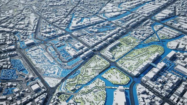 Abstract aerial drone shot revealing intricate geometric patterns representing a conceptual urban development plan abstractcity, revealing, design