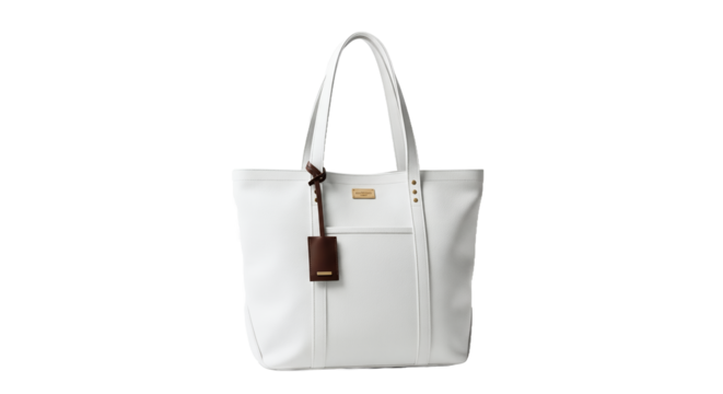 Elegant White Leather Tote Bag with Brown Accents and Gold Hardware, a Stylish and Minimalist Fashion Accessory for Retail, E-commerce, and Luxury Product Displays on a Clean Studio Background