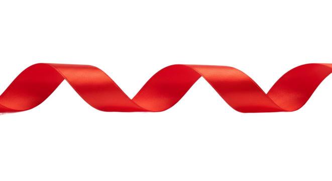 Elegant Vibrant Red Satin Ribbon Wavy and Curled on a Clean White Background, Minimalist Design Element for Festive Celebrations, Gifts, Love, Romance, and Creative Projects with Ample Copy Space