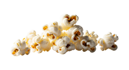Fluffy popped popcorn kernels in a close-up studio shot on a pristine white background, highlighting the light and crispy texture of this classic crunchy snack perfect for entertainment, movie ni