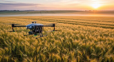 Hightech drone navigating over densely packed barley fields at dawn delivering realtime insights for precision agriculture and harvest optimization.