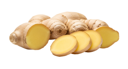 Fresh Ginger Root Slices and Whole Rhizomes on White Background
