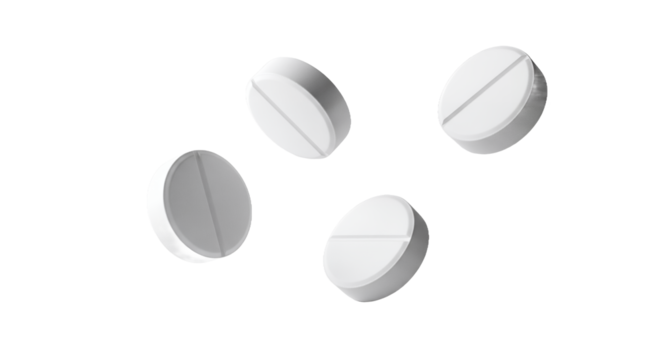 Four white round tablets with a dividing line, suspended in mid-air against a clean, light gray background, representing healthcare, medication, and wellness concepts.