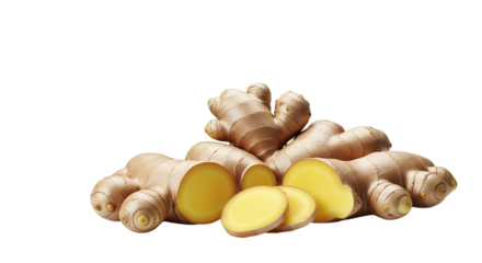 Fresh Organic Ginger Roots and Slices with Vibrant Green Leaves on White Background for Culinary, Herbal, and Health Concepts