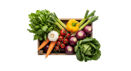 Fresh Organic Vegetables in Wooden Crate Top View on White Background. Colorful Assortment of Healthy Raw Produce for Cooking, Healthy Eating, Farm to Table, and Diet Concepts.