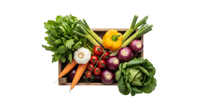 Fresh Organic Vegetables in Wooden Crate Top View on White Background. Colorful Assortment of Healthy Raw Produce for Cooking, Healthy Eating, Farm to Table, and Diet Concepts.