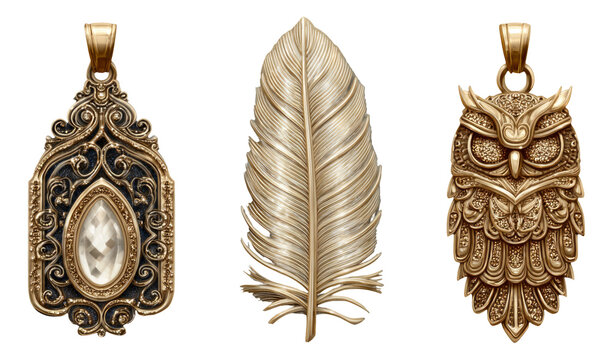 Intricate Gold Pendants with Feather, Owl, and Vintage Design on Transparent Background