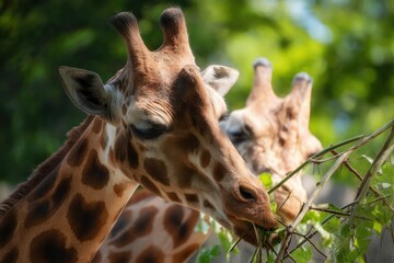 Giraffe feeding on fresh foliage from a tree in a natural habitat, another giraffe visible in the background