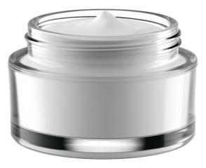 Clear cosmetic cream jar with white moisturizer on transparent background, minimal skincare packaging mockup for beauty branding