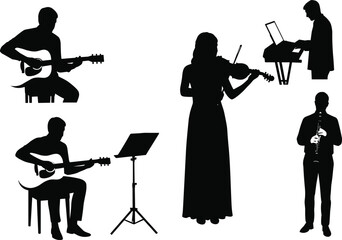 Musicians silhouettes playing guitar, violin, keyboard, and clarinet, performing music ensemble, instrumental band concept, creative art illustration for design