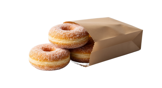 Freshly Baked Sugar-Coated Donuts in a Brown Paper Bag, Delicious Sweet Pastries on a Clean White Background, Golden Fried Doughnuts with Granulated Sugar Topping for Breakfast or Dessert