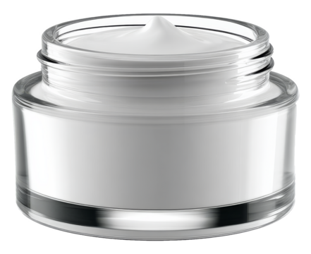 Clear cosmetic cream jar with white moisturizer on transparent background, minimal skincare packaging mockup for beauty branding