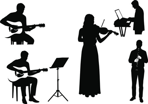 Musicians silhouettes playing guitar, violin, keyboard, and clarinet, performing music ensemble, instrumental band concept, creative art illustration for design