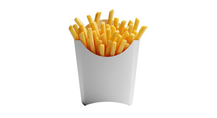 Golden Crispy French Fries in White Box Isolated on Clean White Background Delicious Fast Food Snack, Unbranded Potato Sticks for Menus, Advertising, and Culinary Concepts