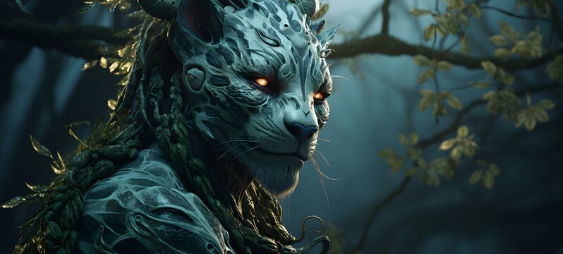 Pointillist grunge design of liger dryad with abstract dotted pattern,generative AI