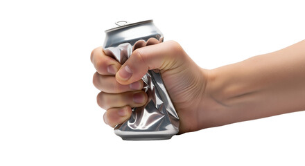 Fototapeta premium Hand crushing aluminum can into a ball