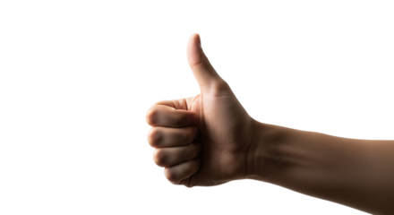Hand giving thumbs up against white background, approval, success, positivity symbol