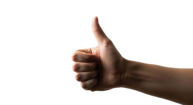 Hand giving thumbs up against white background, approval, success, positivity symbol
