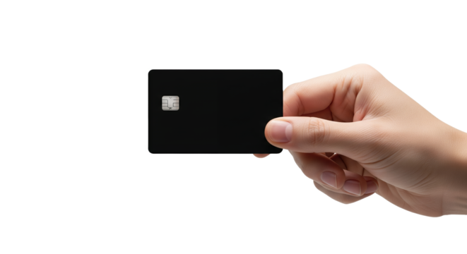 Hand holding a blank black credit card with chip