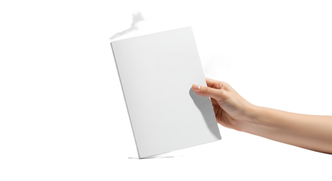 Hand holding a blank white card, book, or brochure, showcasing a mockup for design or advertisement.