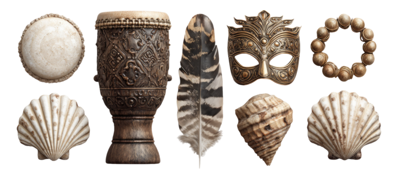 Detailed Collection of Artistic Crafts and Natural Objects on a Transparent Background