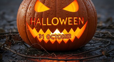 Glowing Halloween pumpkin with carved text