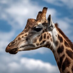 Naklejka premium Giraffe head and long neck displaying natural patterned fur, standing in profile against a bright, cloudy blue African sky