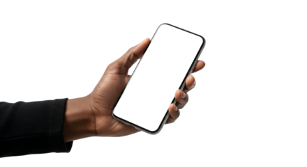 Hand Holding a Modern Smartphone with a Blank Screen, Isolated on White Background