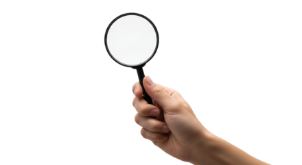 Hand Holding a Magnifying Glass - Discovery, Search, and Investigation Concept on a White Background