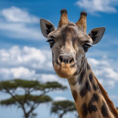 Naklejka premium Giraffe head and neck close up against a blue sky with clouds and acacia trees in the African savanna