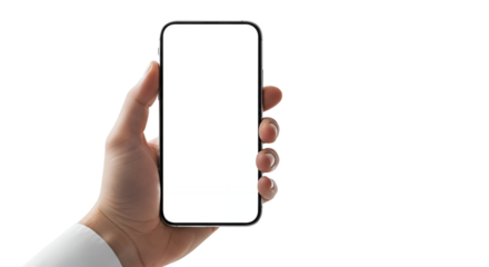 Hand Holding a Mobile Phone with a Blank White Screen, Isolated on White Background, Clipping Path Included for Easy Editing and Mockup Use