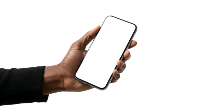Hand Holding a Modern Smartphone with a Blank Screen, Isolated on White Background