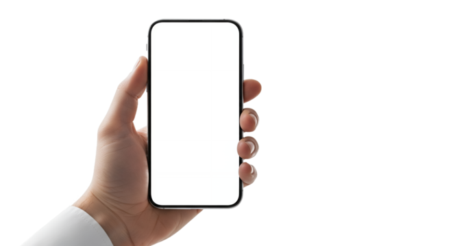 Hand Holding a Mobile Phone with a Blank White Screen, Isolated on White Background, Clipping Path Included for Easy Editing and Mockup Use