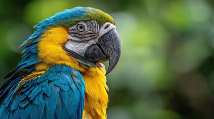 Obraz premium Colorful blue and yellow macaw parrot showing vibrant feathers and detailed beak, looking intently with a green bokeh background