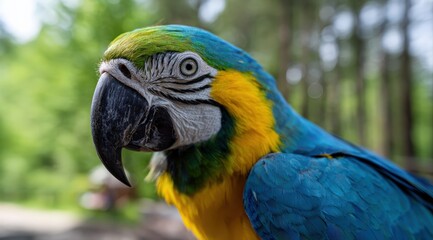 Macaw parrot with vibrant blue, yellow, and green feathers in a natural outdoor setting, showing its striking colors