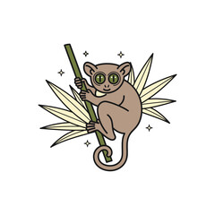 A cartoon illustration of a tarsier primate clinging to a green bamboo stick with leaves.