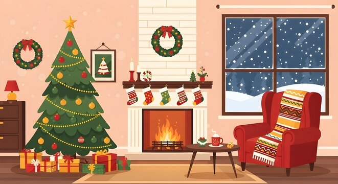 Cozy Christmas Living Room Scene with Fireplace and Decorated Tree