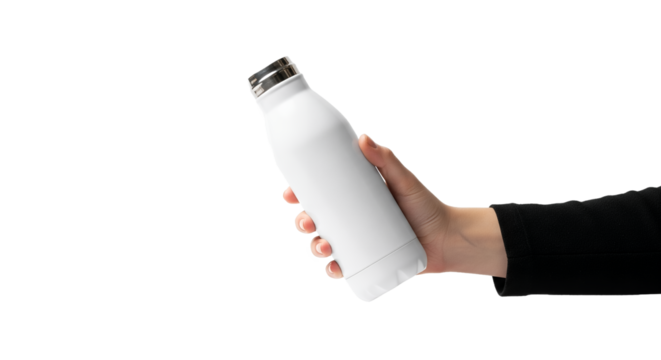Hand Holding Blank White Insulated Water Bottle on Clean Background for Product Mockup, Sustainable Hydration, Eco-Friendly Living, and Customizable Branding Themes