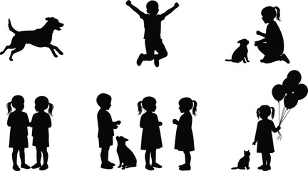 Silhouette collection of children playing, jumping, holding balloons, and interacting with pets, representing childhood joy, friendship, love, innocence, and happiness