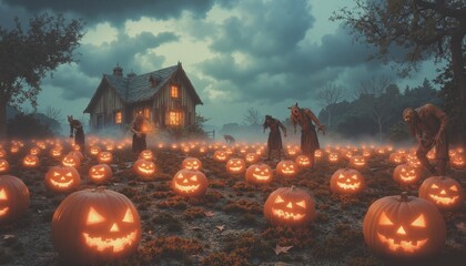 Halloween magic theme landscape with creepy figures
