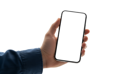 Hand holding modern smartphone with blank white screen, isolated on a clean background, ideal for app display mockups, digital content, and technology presentations with ample copy space.