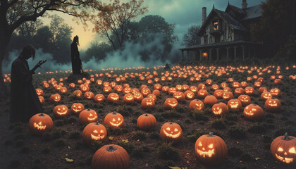 Halloween magic theme landscape with creepy figures