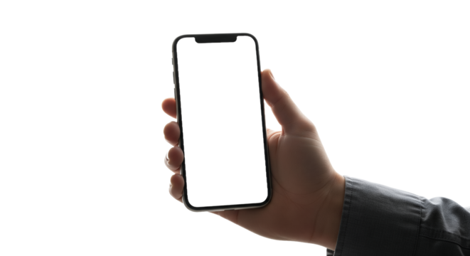 Hand Holding Modern Smartphone with Blank White Screen for App or Website Mockup on Isolated Background, Perfect for Digital Content and Technology Presentation with Ample Copy Space