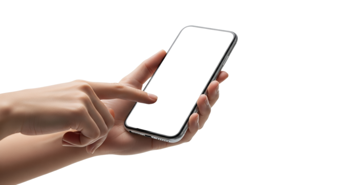Hand Holding Modern Smartphone with Blank White Screen, Finger Interacting with Empty Display for App Mock-up, Isolated on White Background for Digital Content and User Interface Design Concepts