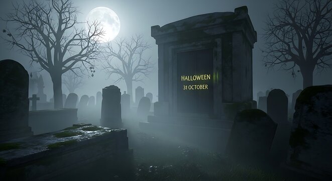 Halloween night in a spooky graveyard with glowing text