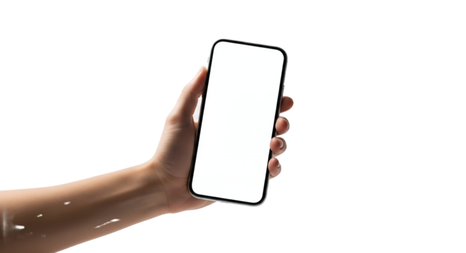 Hand Holding Modern Smartphone with Blank White Screen Isolated on a Clean Background for App Mockups and Digital Content Presentation, Offering Ample Copy Space for UIUX Design and Technology Ad