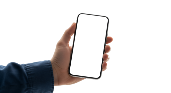 Hand holding modern smartphone with blank white screen, isolated on a clean background, ideal for app display mockups, digital content, and technology presentations with ample copy space.