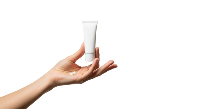 Hand Holding Skincare Product and Pills